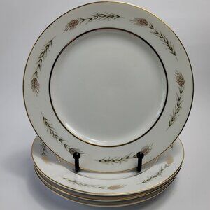 FOUR Empress China Grano Salad Plates White with Wheat Design Gold Trim